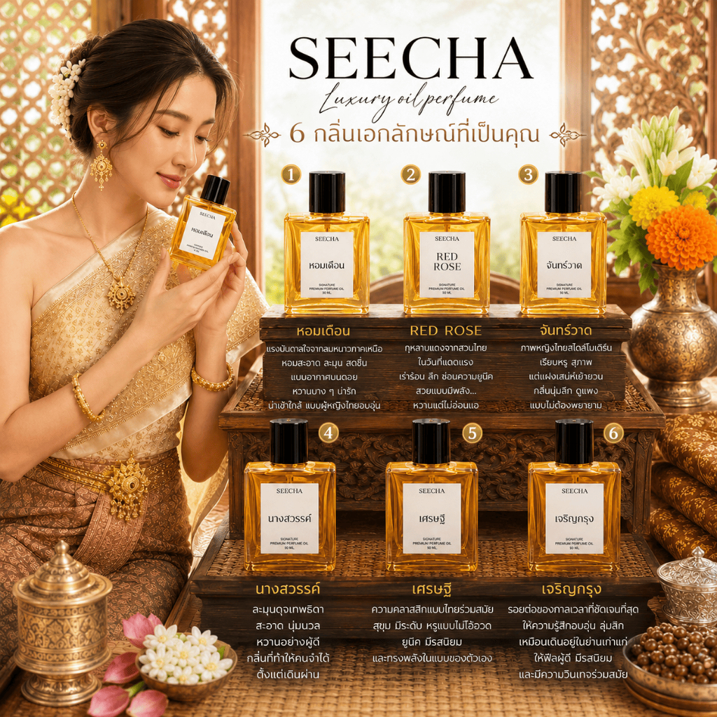 [6 กลิ่นใหม่!] SEECHA น้ำหอมออยล์ กลิ่นไทย หัวน้ำหอมเข้มข้น 50ml น้ำหอมติดทนนาน 8-12 ชม.