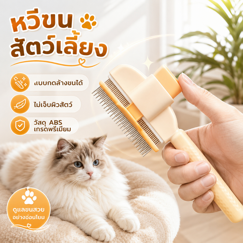 หวีขนสัตว์เลี้ยง หวีขนแมว หวีขนหมา มีปุ่มกดดันขนออก จับถนัดมือ อุปกรณ์ดูแลขนสัตว์