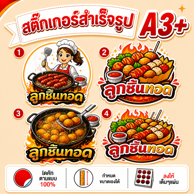 สติ๊กเกอร์ A3 สำเร็จรูป "ลูกชิ้นทอด" | เลือกแบบหน้าร้านหรือส่งไฟล์พิมพ์ได้เลย | ทีมงานดูแลครบจบงานไว