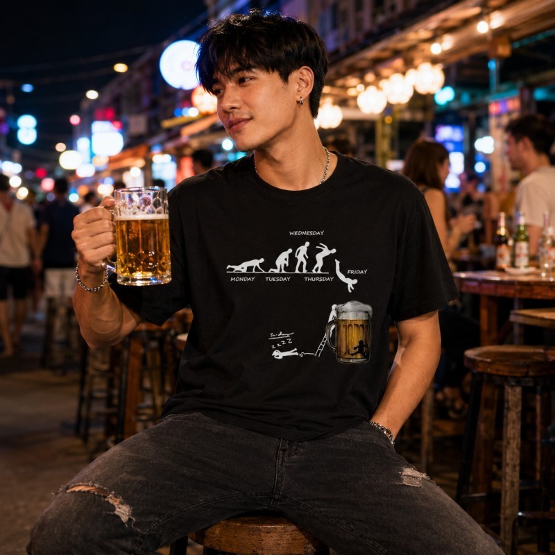 ผู้ชาย เสื้อยืดAlcohol ยืดหยุ่น พิมพ์ สีดำ สีขาว COD การ์ตูน ใส่สบาย ฮิปฮอป ลําลอง คอกลม  POPtshirt ขนาด S-5XL