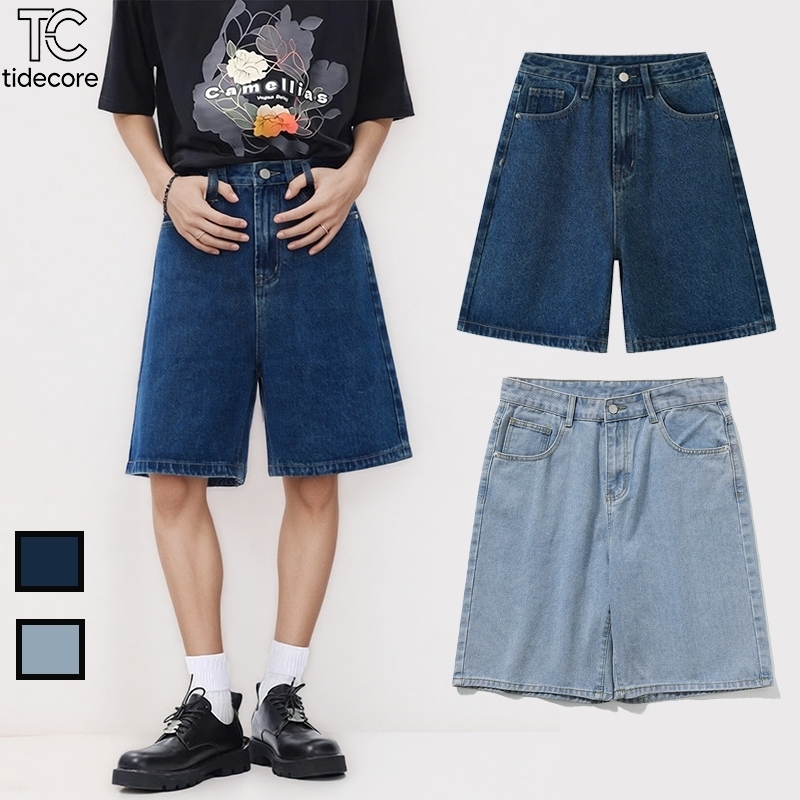 TideCore กางเกงยีนส์ขาสั้นผู้ชาย กางเกงยีนส์สามส่วน แฟชั่นเกาหลี baggy ชาย/หญิง แฟชั่นฤดูร้อน กางเกงขาสั้น สไตล์ลำลอง