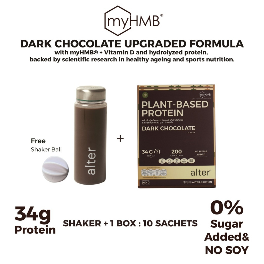 "UPGRADE NO SOY" 1 box with Alter Shaker: Alter Plant-Based Protein Dark Chocolate with myHMB  รสช็อ