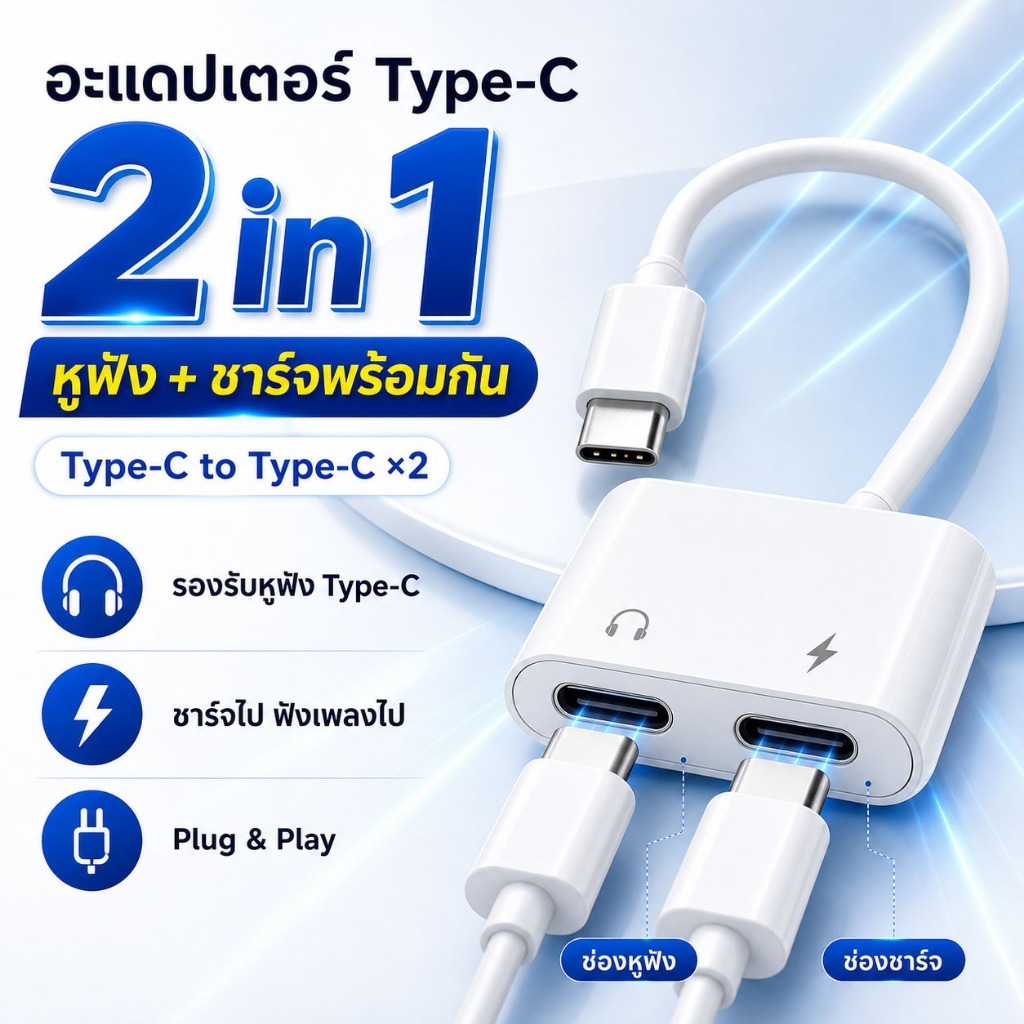หัวแปลงหางหนู Type-C to C 2ช่อง สายแปลงหูฟัง สำหรับ Samsung/Pad Pro/Air 4/5/Phone 15/16