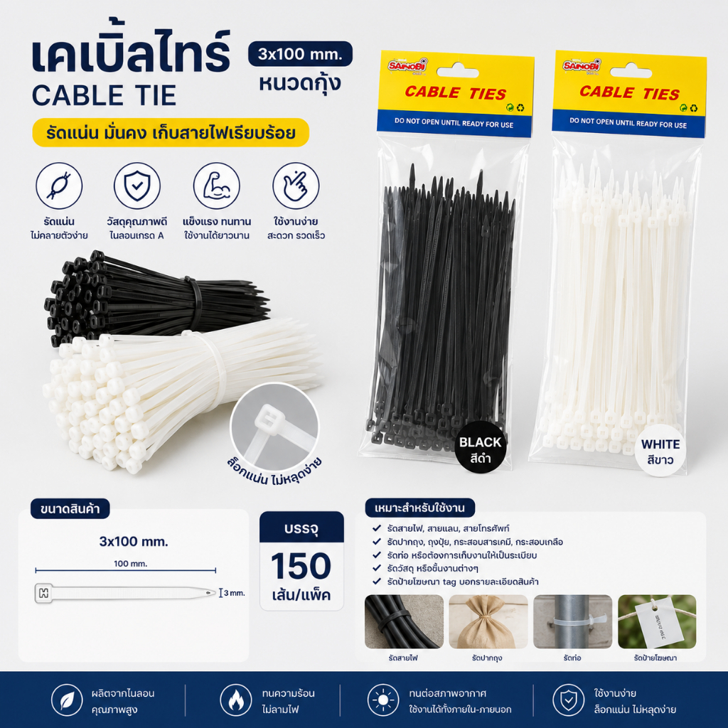 เคเบิ้ลไทร์ 3*100mm. สีดำ สีขาว (150 เส้น) Cable Tie หนวดกุ้ง