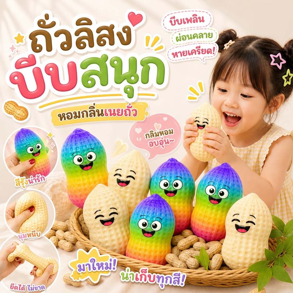 ของเล่นบีบคลายเครียด รูปถั่วลิสง นุ่มเด้งคืนรูปช้า ลายหน้ายิ้มน่ารัก ของเล่นระบายความเครียด สำหรับเด็กและผู้ใหญ่