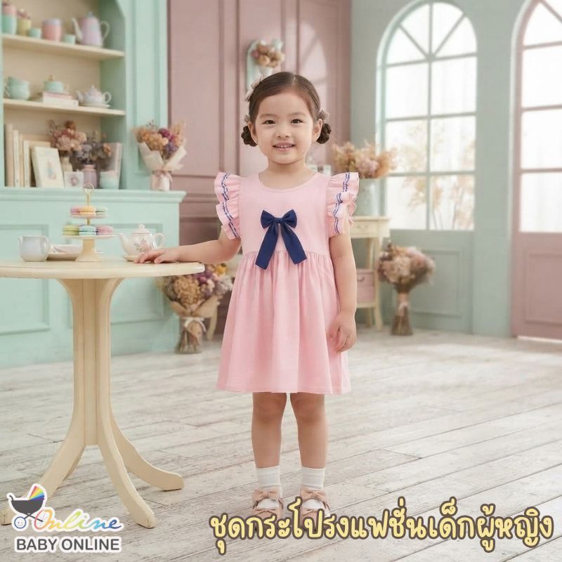Babyonline(Y132)OF4 (ส่งด่วน1วัน)ชุดกระโปรงผ้าฝ้ายแขนกุดแต่งโบว์สำหรับเด็กผู้หญิง ผ้านิ่ม