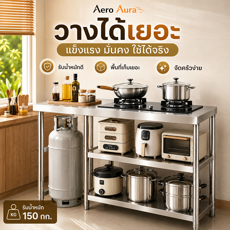 ชั้นวางเตาแก๊ส โต๊ะวางเตาแก๊สสแตนเลส 3 ชั้น สำหรับเตาแก๊ส 2 หัว รับน้ำหนักสูงสุด 500KG เสริมคาน 2 เส้น แข็งแรง ทนทาน