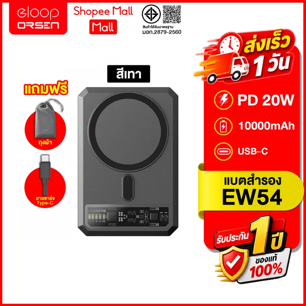(ถูกสุด ส่งไว) Eloop รุ่น EW54 ชาร์จเร็ว 20W  ความจุ 10000mAh PowerBank ของแท้100%