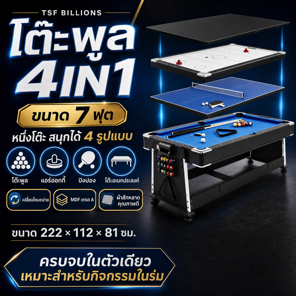 โต๊ะพูล4in1จัดส่งฟรีพร้อมช่างติดตั้ง.. รุ่นใหม่ส่งจากไทย..สินค้าพร้อมส่ง