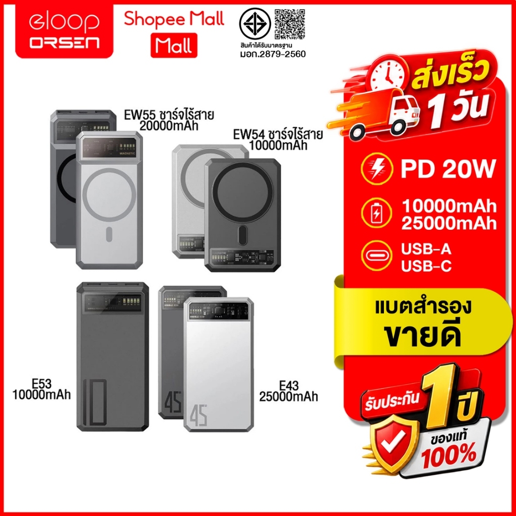 (ถูกสุด ส่งไว) Eloop พาวเวอร์แบงค์ E53 10000mAh / EW54 10000mAh /EW55 20000mAh / E43 25000mah ชาร์จเ