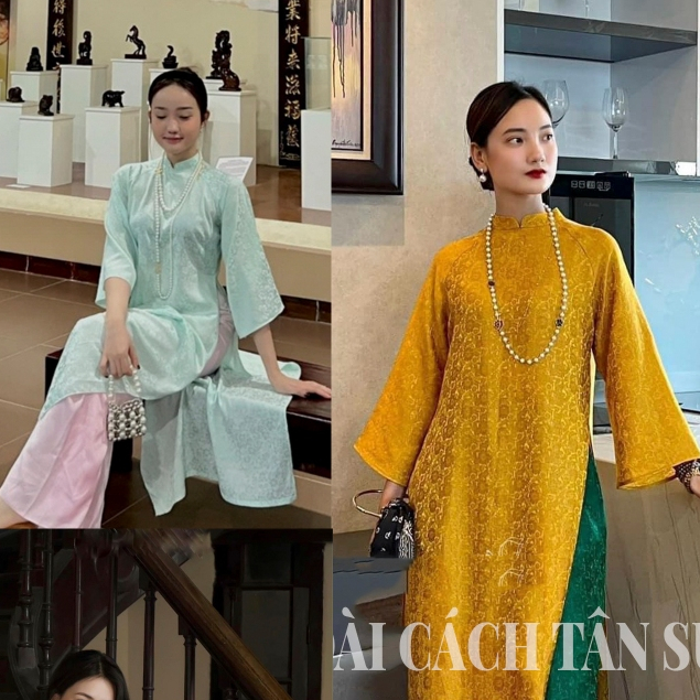 สไตล์โบราณตรง ao dai Camellia brocade ao dai ออกแบบด้วยแขนบาน { สําเร็จรูป } หรูหรา