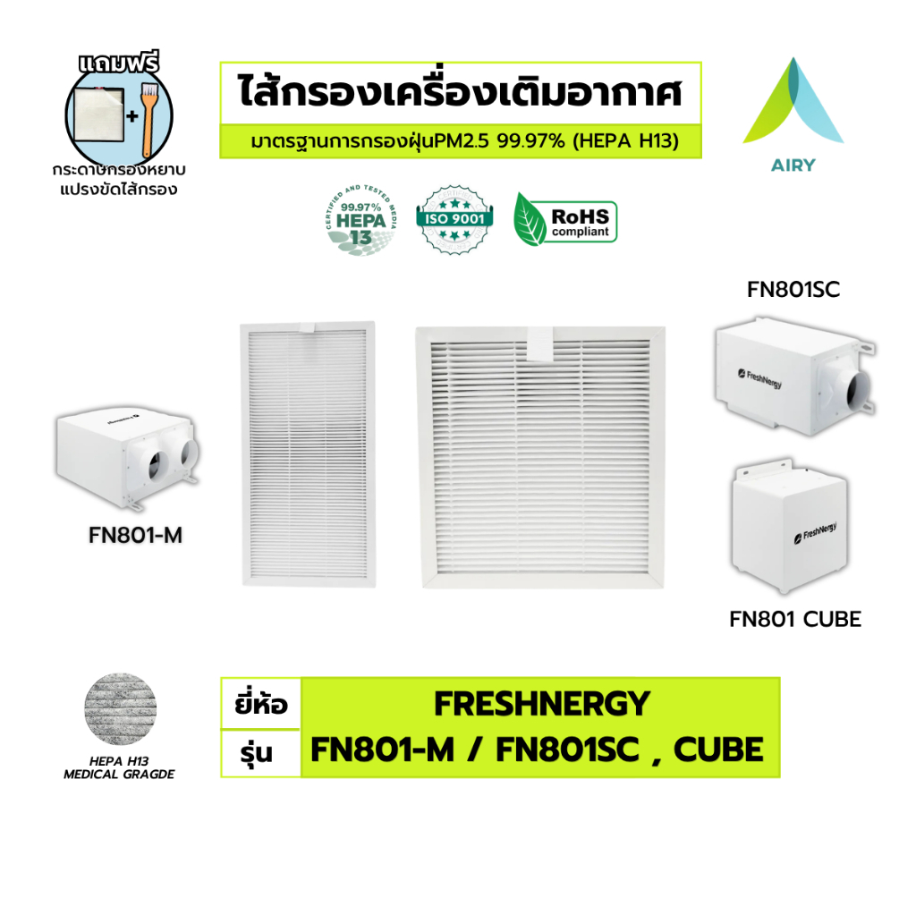 AIRY ไส้กรอง เครื่องเติมอากาศ Freshnergy FN801-M  FN801SC FN801CUBE ไส้กรอง ฝุ่น PM2.5 เกรดแพทย์ HEP