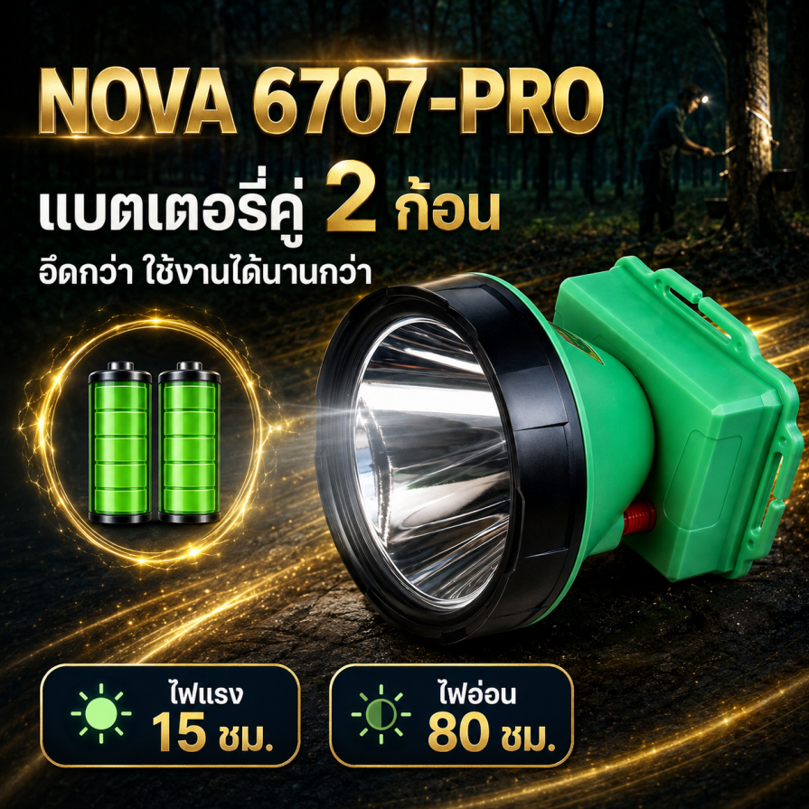 รุ่น 6707 ไฟฉายคาดหัว LED ไฟแรงสูง สำหรับกรีดยาง กันน้ำ แบตอึด สว่างไกล ตกปลา กลางแจ้ง รับประกัน 6 เดือน