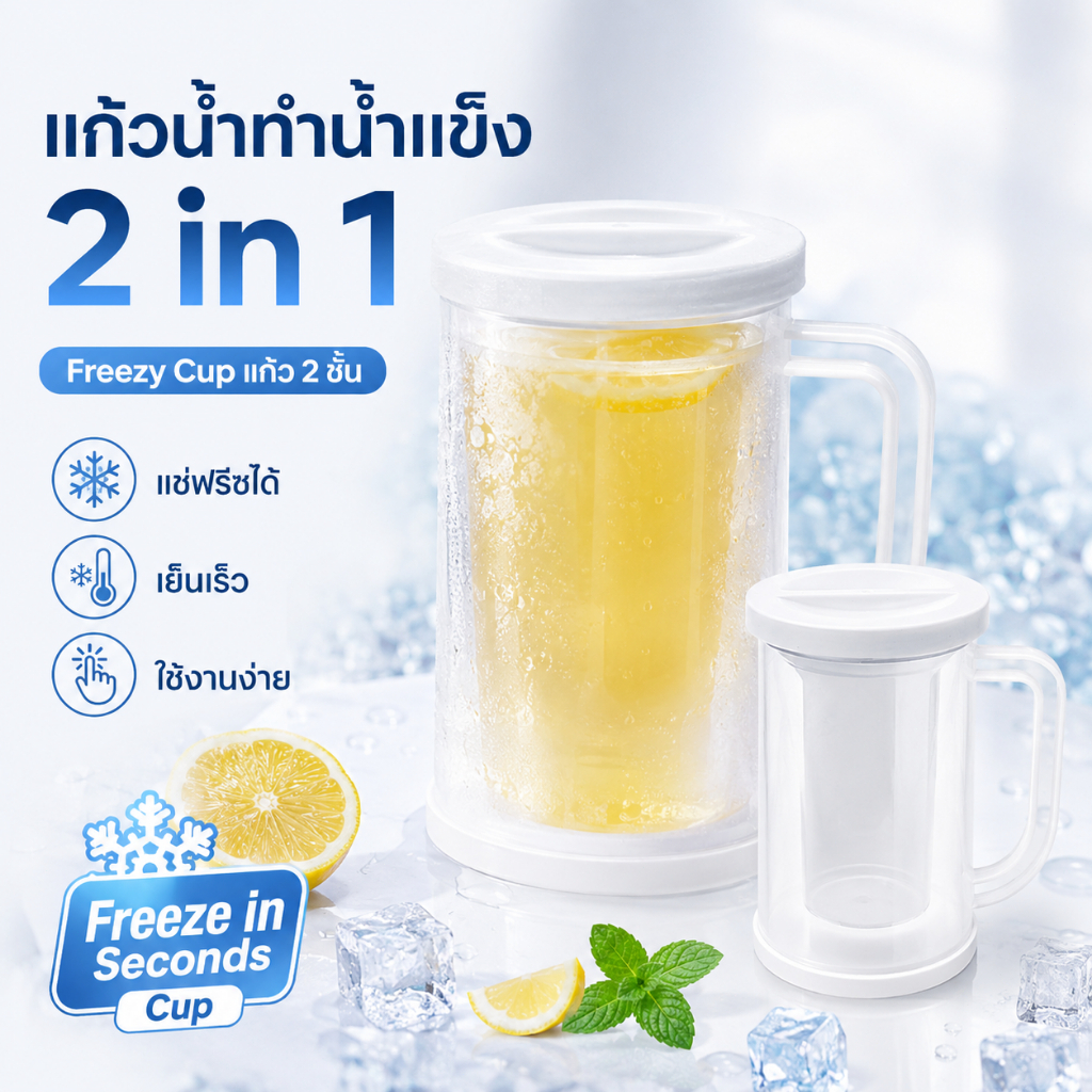 แก้วน้ำทำน้ำแข็ง แก้วเครื่องดื่มเย็น แก้ว 2 ชั้น แช่ทำน้ำแข็งในตู้เย็น แก้วทำน้ำแข็ง 2 In 1 Freeze In Seconds Cup