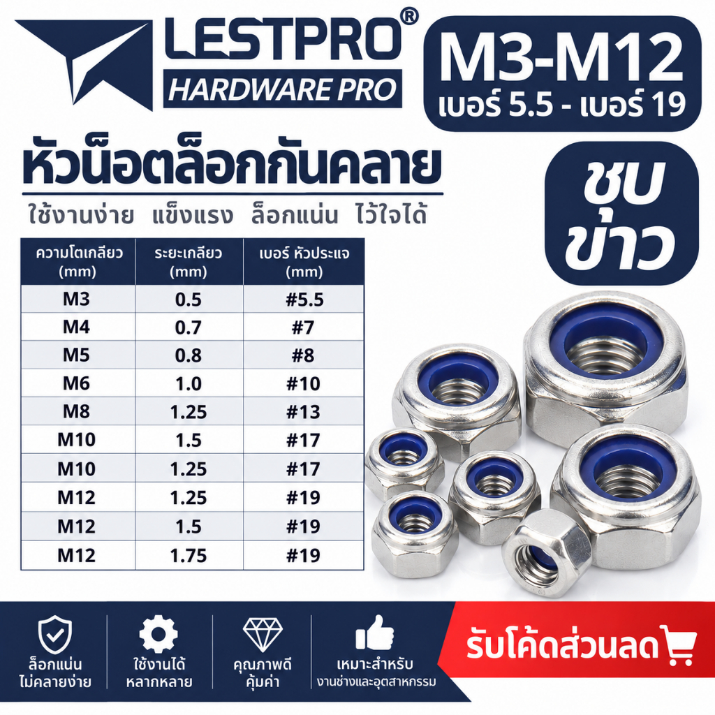 หัวน็อต กันคลาย M3 M4 M5 M6 M8 M10 M12 ตัวเมีย ไนลอน ชุบขาว เกลียวมิล หยาบ DIN985 Hexagon Nylon Insert Lock Nut ZINC