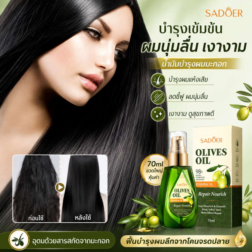 ขายดี! ออยล์บำรุงผมน้ำมันมะกอก ซ่อมแซ่ผมเสียหาย ทำให้ผมเรียบเงางาม นุ่มลื่นไม่พันกัน ชุ่มชื้นไม่เหนียว ใช้ได้ทุกสภาพผม