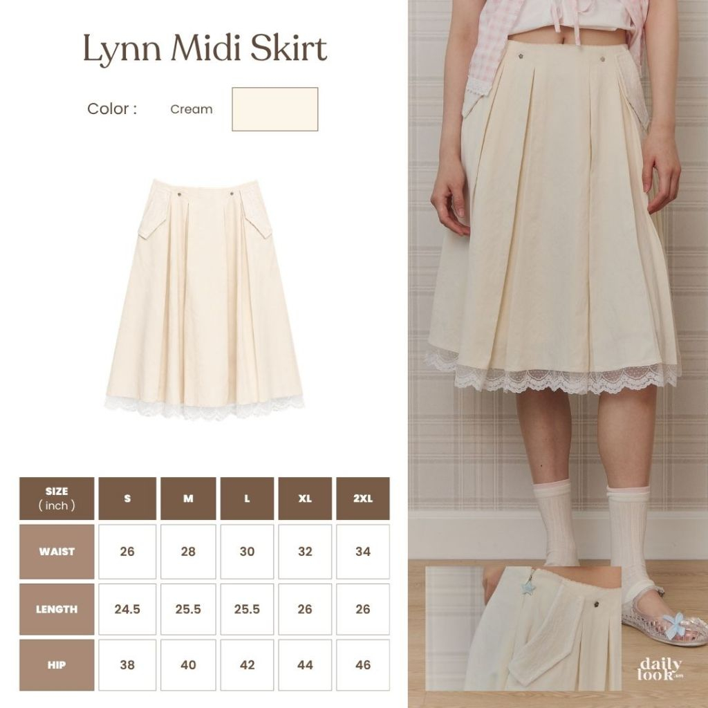 DAILYLOOK.SM --- Lynn Midi skirt กระโปรงพลีทสีครีมสุดคิ้วท์ ดีเทลชายกระโปรงระบายลูกไม้ กระเป๋าข้างแต่งลูกไม้ฉลุ