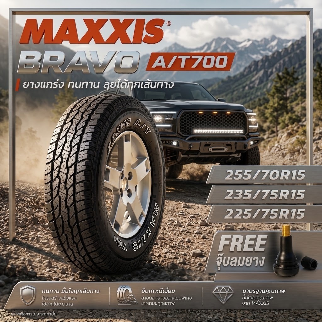 ยางรถยนต์ 255/70R15 ,235/75R15 ,225/75R15 รุ่น AT700 ยี่ห้อ MAXXIS รุ่น AT700 (แถมจุ๊บลม)