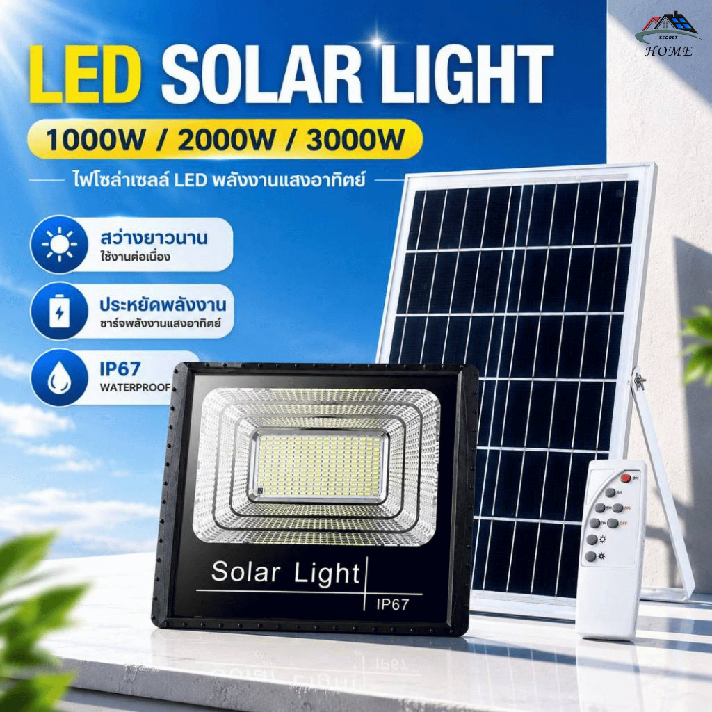 ไฟโซลาร์เซลล์ 1000W Solar light พร้อมรีโมท ไฟส่องสว่างภายนอก กันน้ำ IP67 สำหรับบ้าน สวน และลานจอดรถ