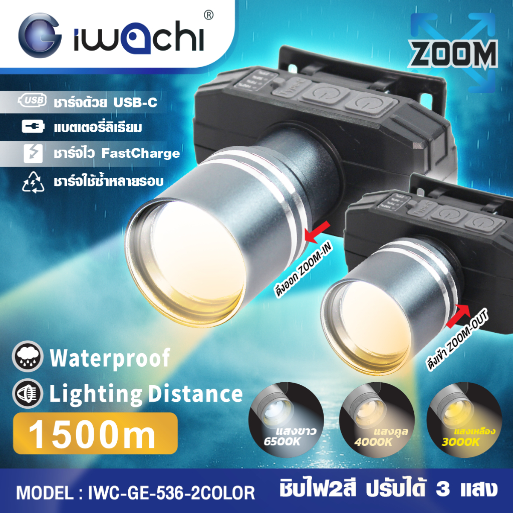 " IWACHI "  ไฟฉายคาดหัว IWC-GE-536 พร้อมสายชาร์จ ซูมได้ ปรับได้ 2 สีแสง