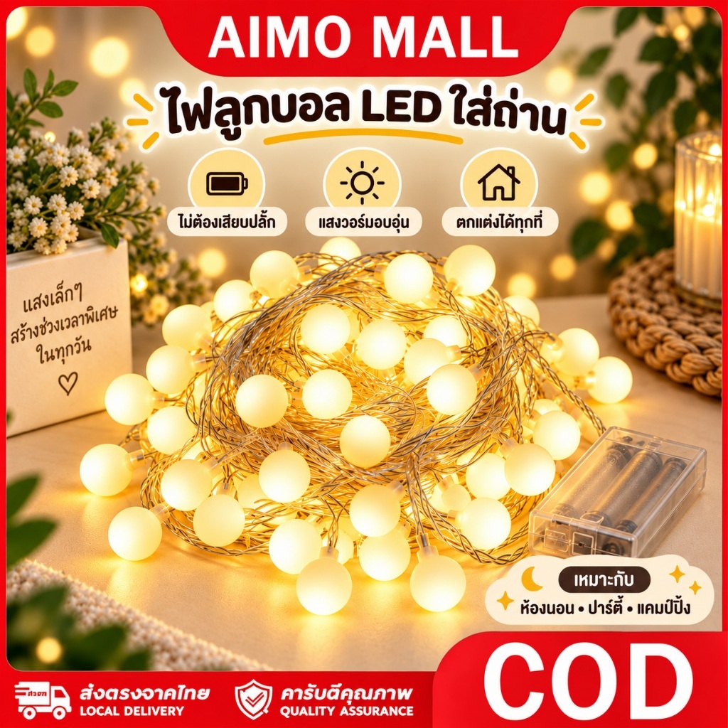 ไฟแต่งห้องนอน LED ไฟประดับ ไฟตกแต่งห้อง ไฟ ไฟตกแต่ง USB สำหรับตกแต่ง ไฟเชอร์รี่ LED 50หัว ไฟปีใหม่