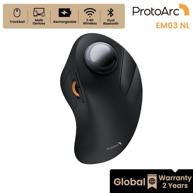 ProtoArc EM03 NL เมาส์ Ergonomic แทร็กบอลนิ้วชี้ Dual Bluetooth + 2.4G หลายอุปกรณ์ ลูกบอลสีเทา รับประกัน 2 ปี