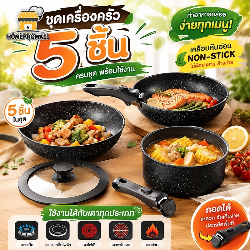 [ชุด5ชิ้น] ชุดหม้อ+กระทะ พร้อมด้ามจับแบบถอดได้ ชุดเครื่องครัว ทำอาหารไม่ติดกระทะ ใช้ได้กับทุกเตา