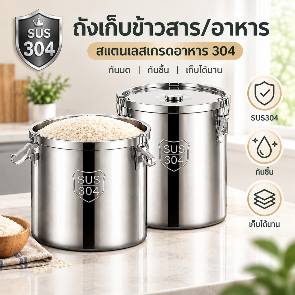 ถังเก็บข้าวสารสแตนเลสเกรด 304 แบบหนาพิเศษ ป้องกันแมลงและความชื้น สำหรับเก็บข้าว ธัญพืช และแป้ง วัสดุเกรดอาหาร