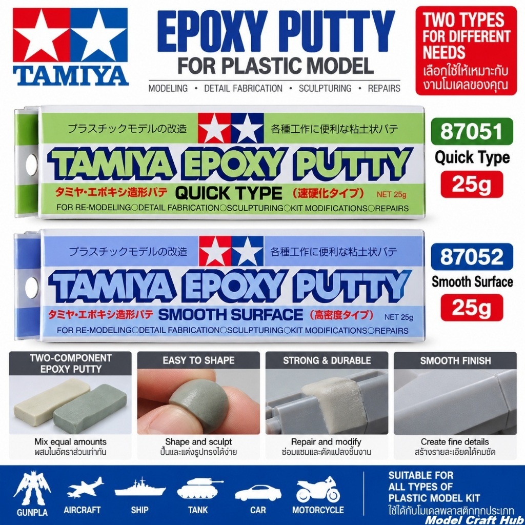 Tamiya 87051 Epoxy Putty Quick Type 87052 Smooth Surface 25g สำหรับปั้น อุด ซ่อม โมเดลพลาสติก Gunpla