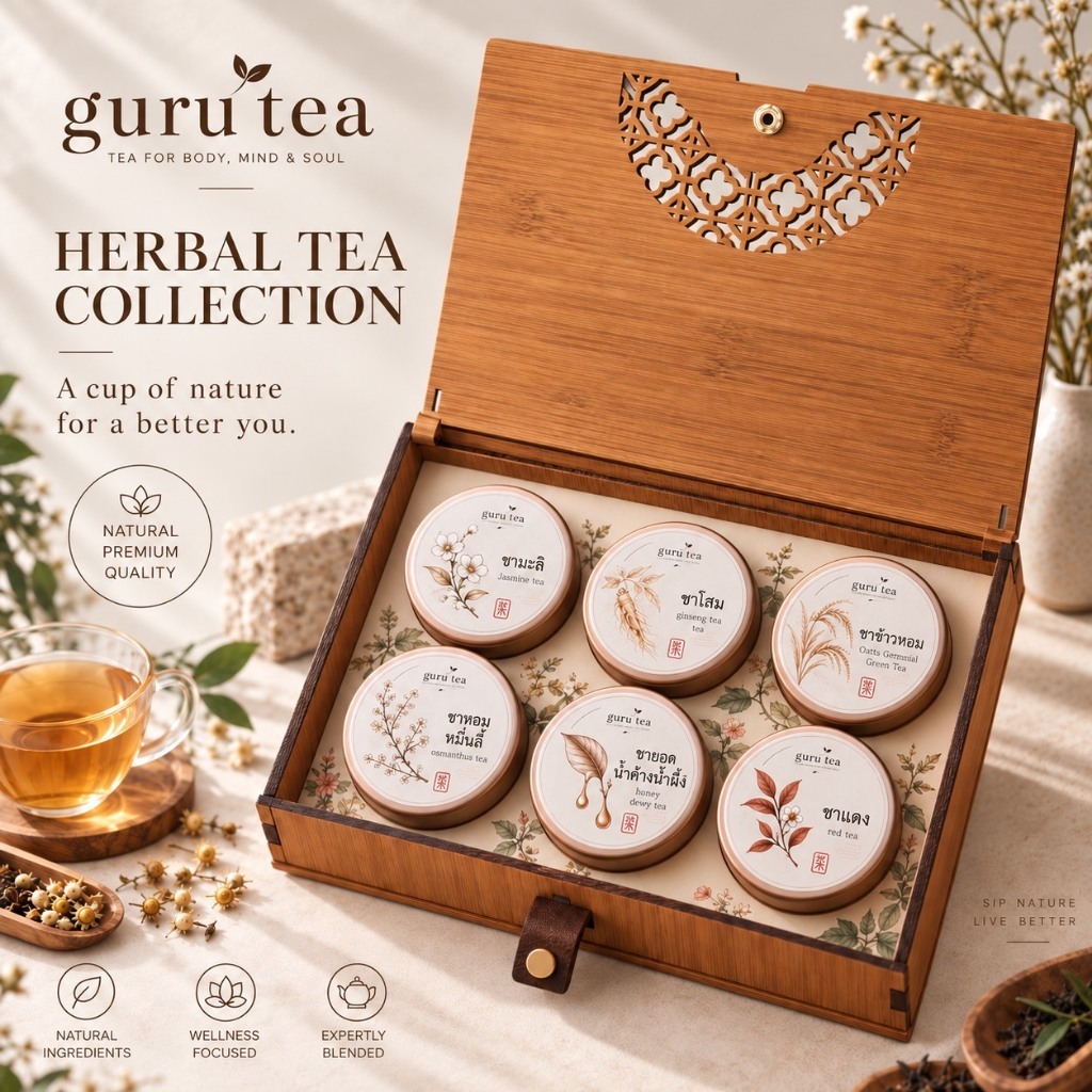เซ็ตของขวัญ เซ็ตชา 3 / 6 ชนิด จากแบรนด์ guru tea ชามะลิ ชายอดน้ำค้างน้ำผึ้ง ชาหอมหมื่นลี้ ตัวขายดี