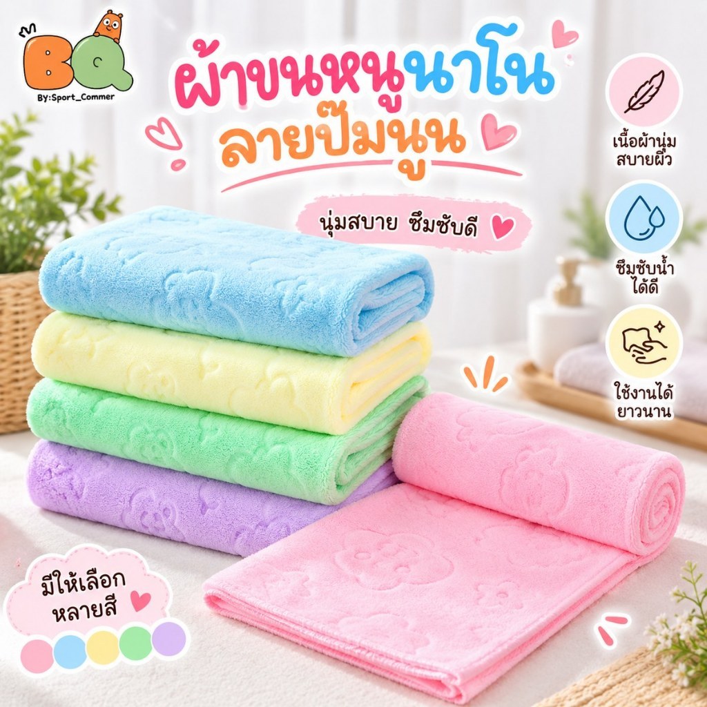 ผ้าขนหนูนาโน ลายปั๊มนูน เนื้อนุ่ม ซับน้ำดี แห้งไว มีหลายสี ไม่ระคายผิว ใช้งานง่าย