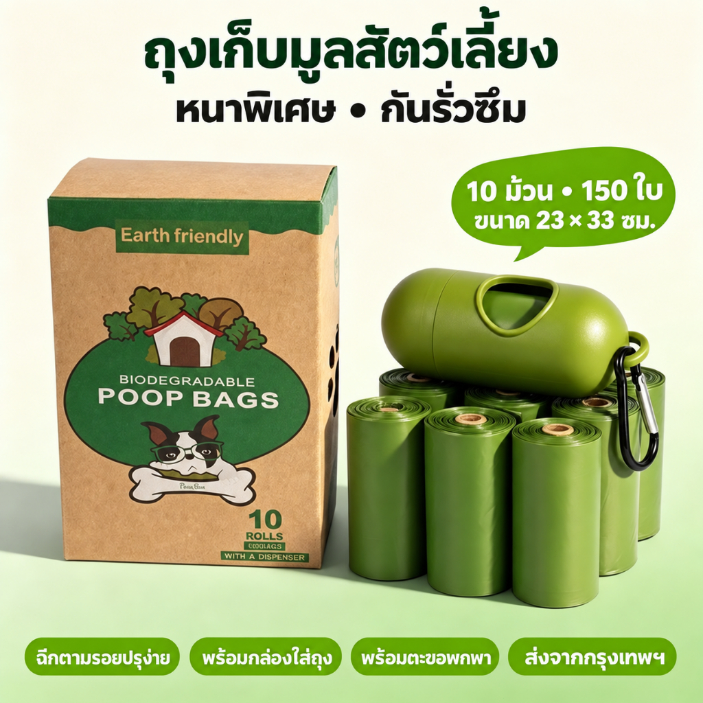 ถุงเก็บอึสุนัขและแมว หนาพิเศษ กันรั่ว ไม่ขาดง่าย 150 ใบ 10 ม้วน ขนาด 23×33 ซม. พร้อมกล่องใส่ถุงและตะขอ ส่งจากกรุงเทพฯ