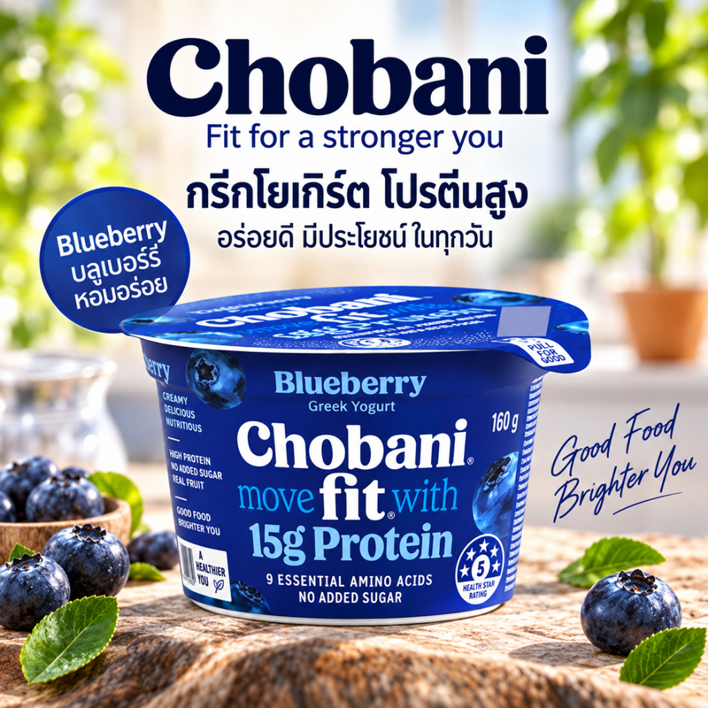 Chobani Fit Greek Yogurt Blueberry 160g กรีก โยเกิร์ต รสบลูเบอร์รี โปรตีนสูง 15 กรัม จากออสเตรเลีย