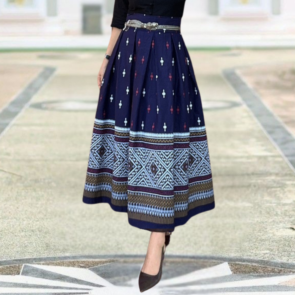 กระโปรงผ้าไทยจีบทวิส เอวสูง ทรงสุภาพ ใส่ทำงาน ผ้าฝ้ายพิมพ์ลาย ใส่สบาย ไม่อัดกาว