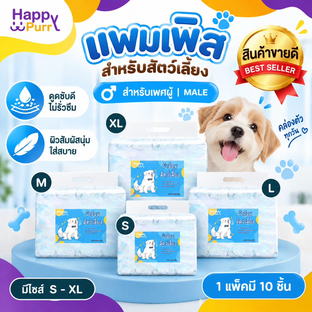 พร้อมส่ง Happy Purr ผ้าอ้อมสุนัข ผ้าอ้อมสัตว์เลี้ยง 10 ชิ้น ดูดซึมซับได้ดี ช่วยฝึกขับถ่ายสุนัข สำหรับตัวผู้ S/M/L/XL