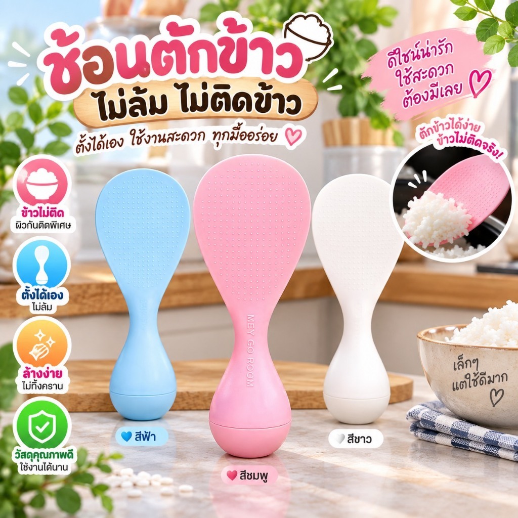 YP-443 ช้อนตักข้าวไม่ล้ม ไม่ติดข้าว ตั้งได้เอง/ช้อนตักข้าวที่ไม่ล้มและไม่ติดข้าว สำหรับวางในครัวแบบตั้งตรงได้