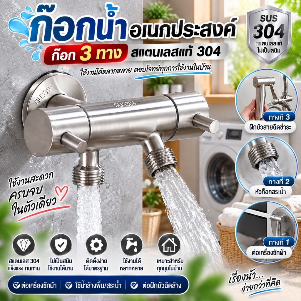 LNA11 ก๊อกน้ำอเนกประสงค์ ก็อกสแตนเลสสีเงิน ก็อกคู่เครื่องซักผ้า หัวก๊อกสระน้ำ ก็อกน้ำ ก๊อกน้ำ 3 ทาง