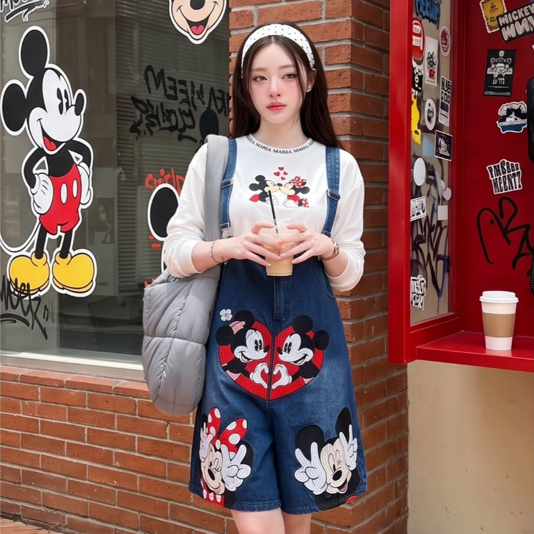 (มีถึง3XL) Maria Diamond ยีนส์ Rookie Mickey Set เซ็ต 2 ชิ้น เสื้อยืดแขนยาวงานปัก + เอี๊ยมยีนส์หมีกางเกงทรงจอร์จ สายปรับ