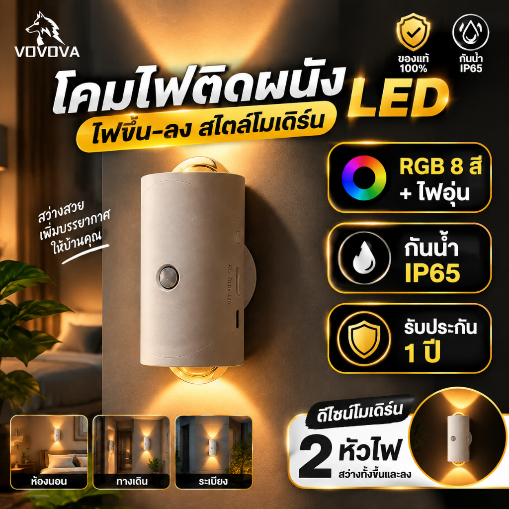VOVOVA ไฟเซ็นเซอร์ติดผนัง 2 หัว RGB 8 สี ไร้สาย แม่เหล็ก ชาร์จ USB ไฟบันได ทางเดิน แบตอึด 30 วัน ของแท้ ประกัน 1 ปี