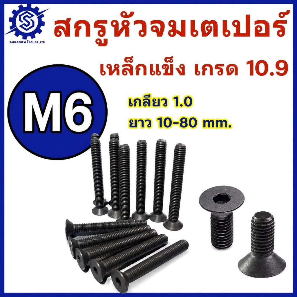 สกรูหัวจมเตเปอร์ ขนาด M6 เกลียว1.0 เหล็กแข็ง เกรด 10.9 ยาว 10 - 80 mm. แพ็ค 5-10 ตัว #สกรูหัวจมเตเปอร์ #น็อตหัวจม #น็อต