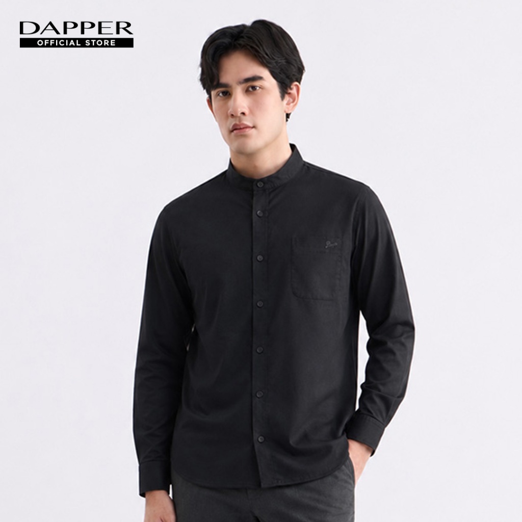 DAPPER เสื้อเชิ้ตคอจีน แขนยาว Smart Mandarin Collar Shirt สีดำ