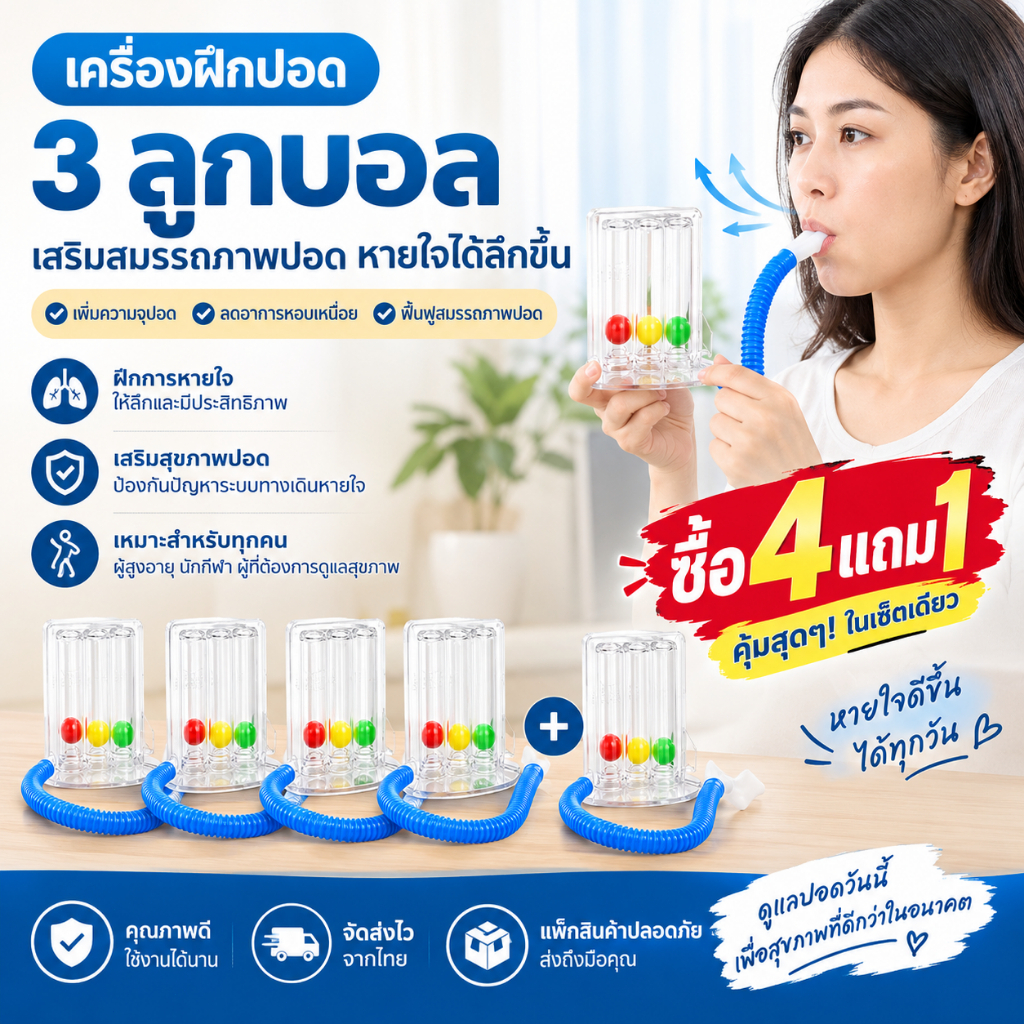 ซื้อ 4 แถม 1เครื่องดูดบริหารปอด เครื่องบริหารปอด lung exercise spirometer triflow ป้องกันปอดยุบตัว ป