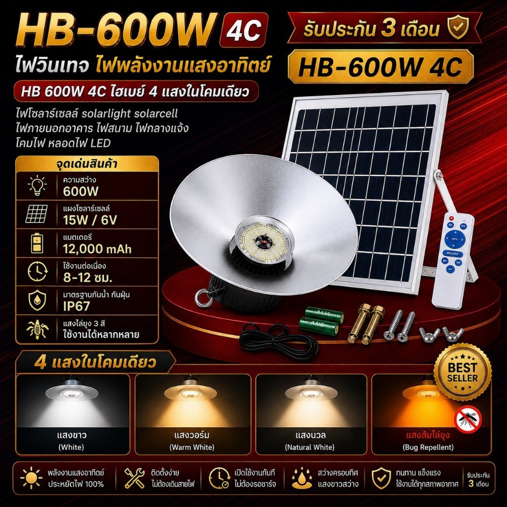โคมไฟ 600W ขาว/ส้มไล่ยุง3สี ไฮเบย์ / ซาลาเปา 300w 500w 700w 900w กันน้ำ กันฝน ไฟพลังงานแสงอาทิตย์