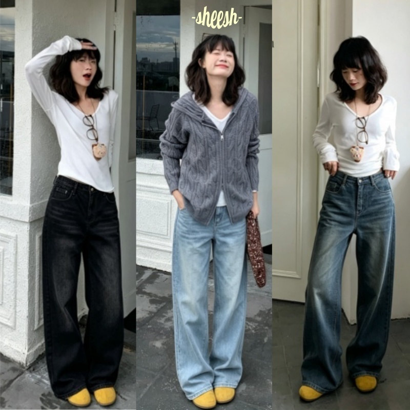 SHEESH Baggy jeans  เอวสูง ทรงหลวมสไตล์เกาหลีย้อมอมยุท พร้อมส่งใส่ได้ หญิง - ชายกางเกงยีนส์ชายหญิง M