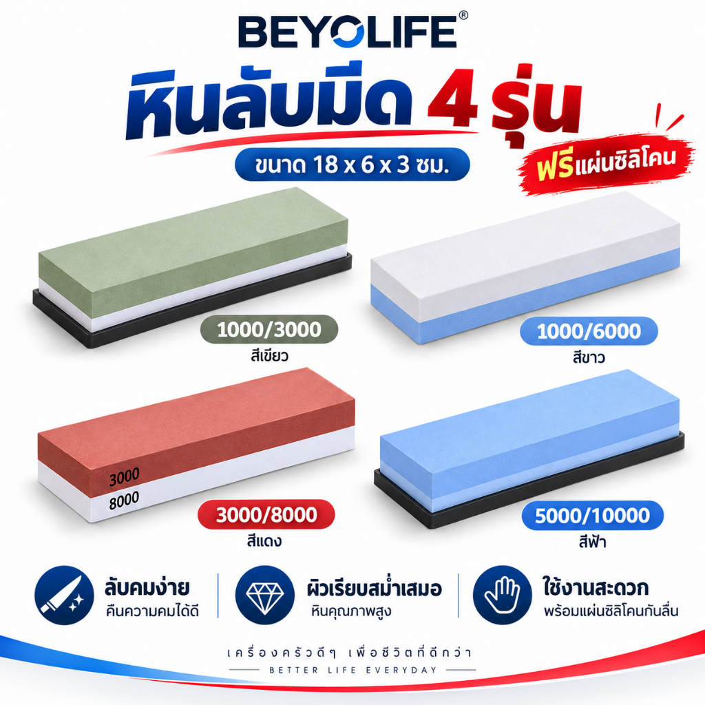 Beyolife หินลับมีดมีด Professional Waterstones Grit Whetstone Sharpening พร้อมฐานไม้ไผ่ ที่ใส่ใบมีด ชุดหินลับสองด้าน