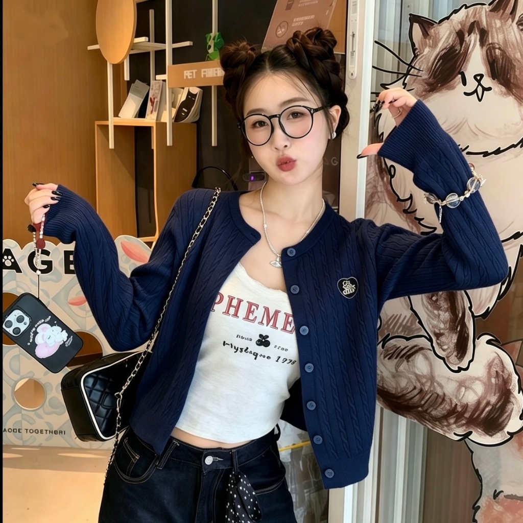 15274 เสื้อคาร์ดิแกนไหมพรมแขนยาวแบบกระดุมแถวเดียว สีพื้นเนื้อผ้าทอแบบมีร่อง โดดเด่นด้วยดีไซน์บริเวณหน้าอกที่เป็นเอกลักษณ