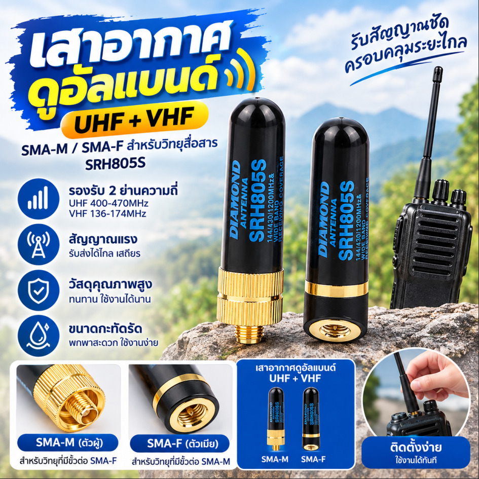 LEMO-T SMA-M/SMA-F เสาอากาศแบบ Dual Band UHF + VHF เครื่องส่งรับ SRH805S สำหรับ Yaesu COD