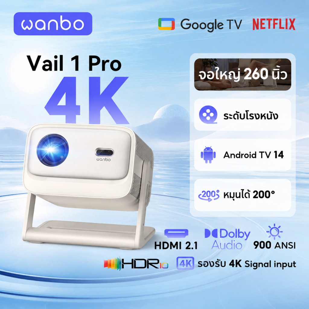 [สินค้าตัวโชว์เกรด A] Wanbo Vali 1 Pro Projector โปรเจคเตอร์สมาร์ท Google TV 1080P รองรับ 4K Dolby A