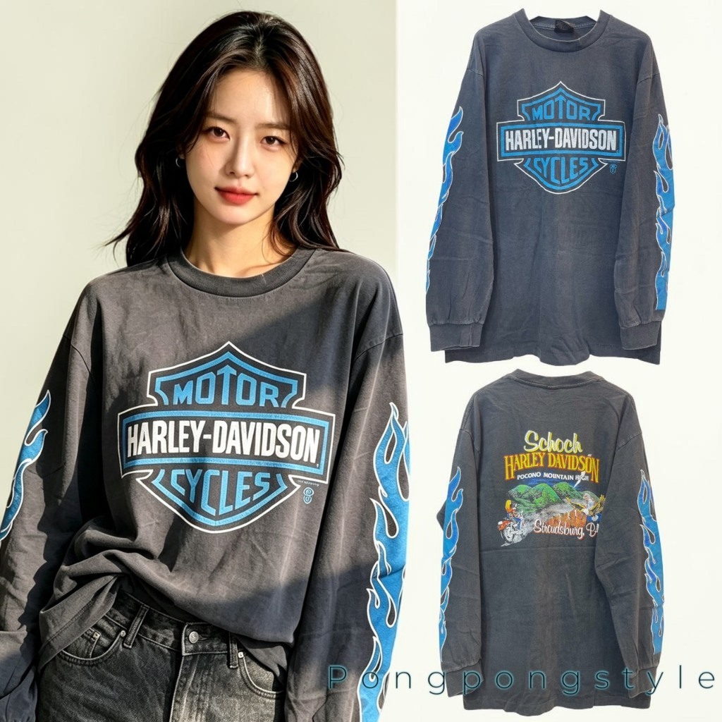 H A R  L E Y เสื้อยืดผ้าฟอกแขนยาว ทรงโอเวอไซส์ Unisex Cotton 100 งานใหม่ ทำเก่า ไม่มีตะเข็บข้างตะเข็บข้าง สกรีน หน้าหลัง