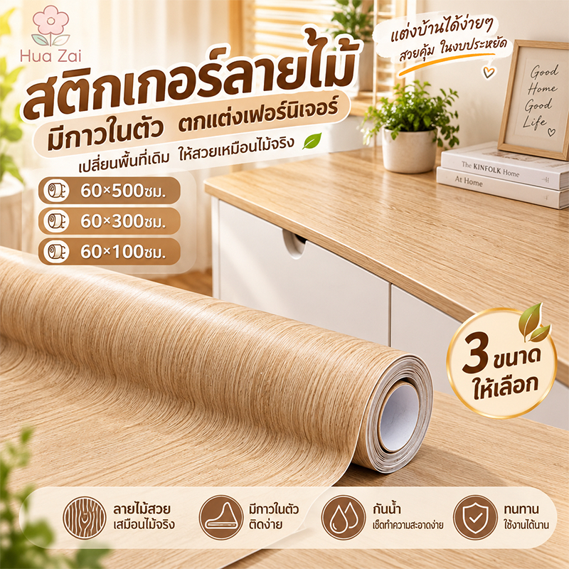 สติ๊กเกอร์ลายไม้ติดเฟอร์นิเจอร์ลายไม้ หนาทนทานกันน้ำมีกาวในตัวติดง่าย วอลเปเปอร์ติดเฟอร์นิเจอร์ สติกเกอร์ติดผนังบ้าน